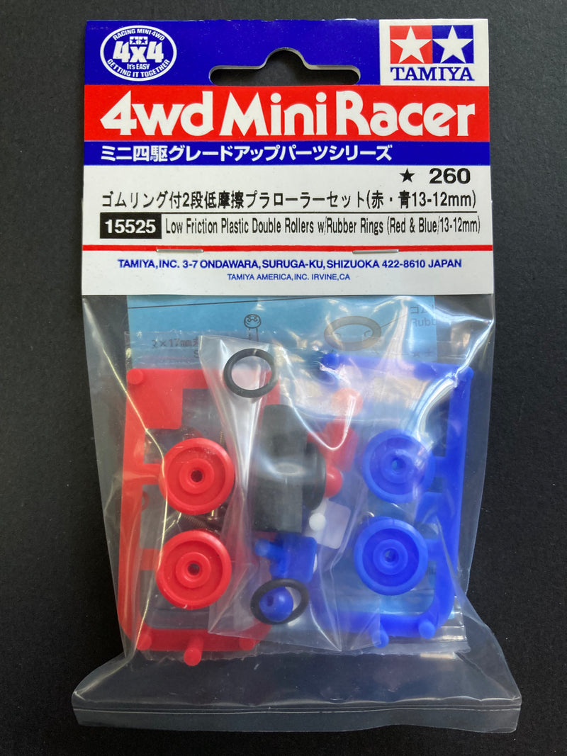 [15525] Low Friction Plastic Double Rollers with Rubber Rings (Red & Blue/13-12 mm)