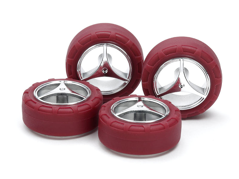 [95649] Low Friction Small Dia. Narrow Tires (24 mm) & Silver Plated 3-Spoke Wheels (For Super X & XX Chassis)