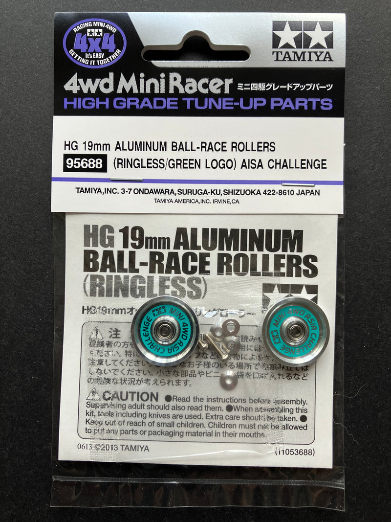 [95688] HG 19mm Aluminum Ball-Race Rollers (Ringless/Green Logos) ~ Tamiya Mini 4WD TMAC 2025 Asia Challenge Version