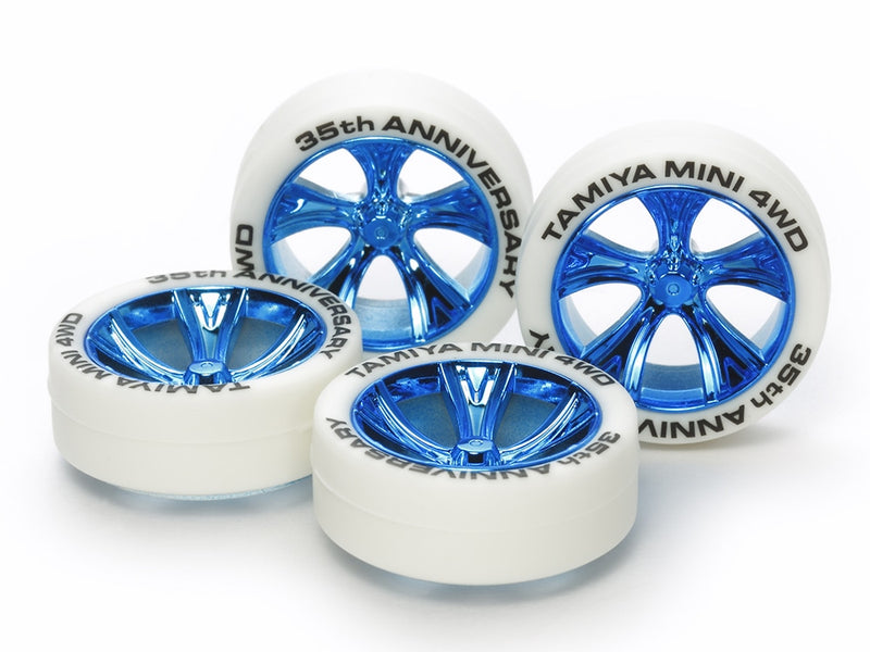 [95099] Mini 4WD 35th Anniversary White Tires & Blue Plated A-Spoke Wheels