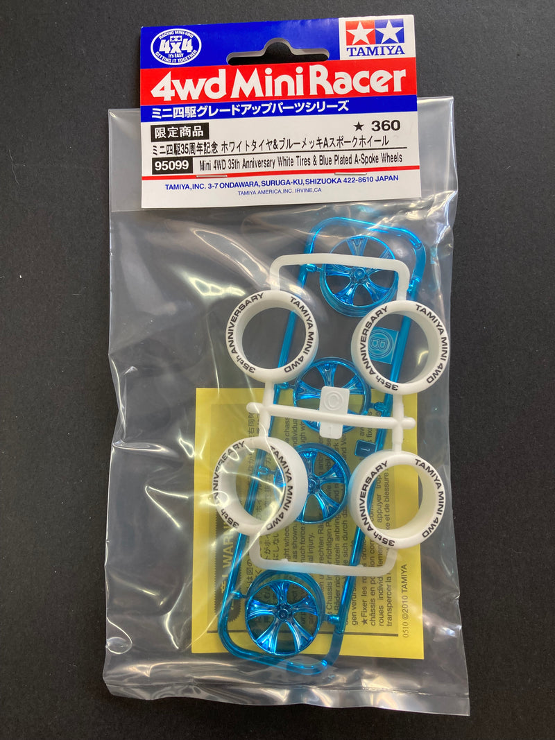 [95099] Mini 4WD 35th Anniversary White Tires & Blue Plated A-Spoke Wheels